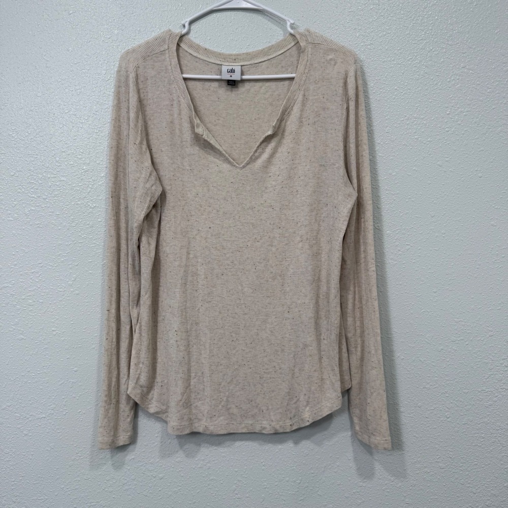 Cabi Womens Cream Ribbed Speckled Long Sleeve Split Neck Top 4003 Size M